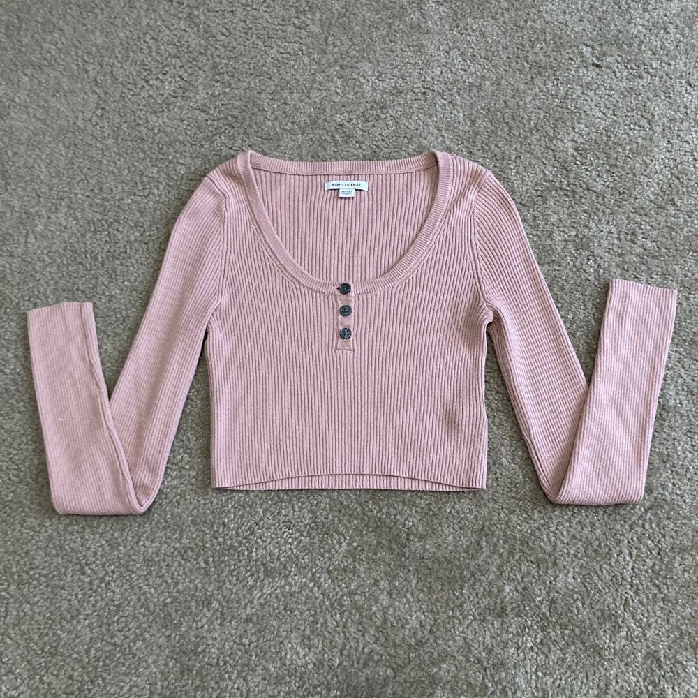 American Eagle Outfitters Cropped Henley Sweater Scoop Neck Light Pink Womens XS